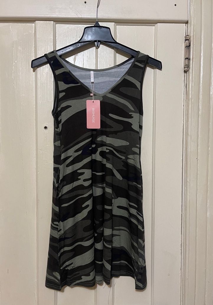 BISHUIGE Women Summer Casual V Neck Shirt Dress Size S-New