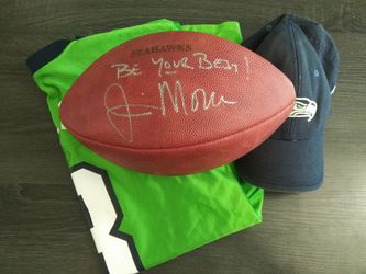 Coach Jim mora Signed Seahawks Football, Men's M Hasselbeck Jersey, and Reebok Team Apparel Cap.