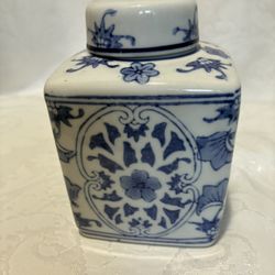  Porcelain Jar, Blue, And White With Lid Featuring A Classic Floral Motif