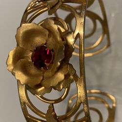 Vintage Krementz Gold Tone Floral and Rhinestone Bracelet Cuff