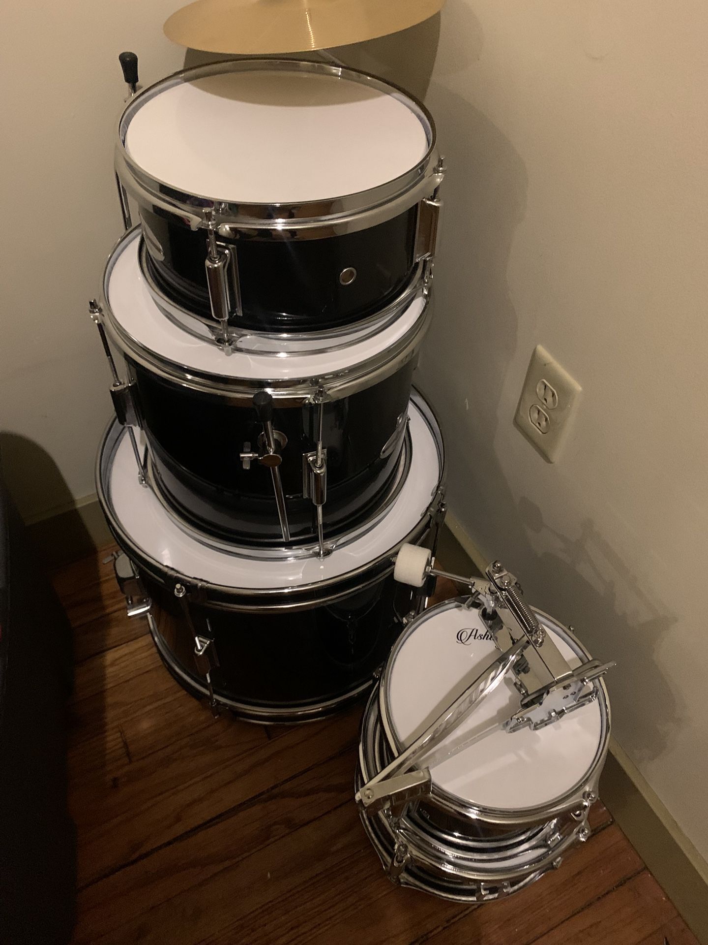 Drum Set, Black And White, Silver Trim