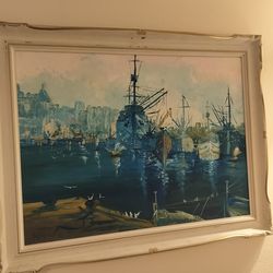 Vintage Mid Century Signed and Dated 1959, Oil On Board, Ships In The Harbor.