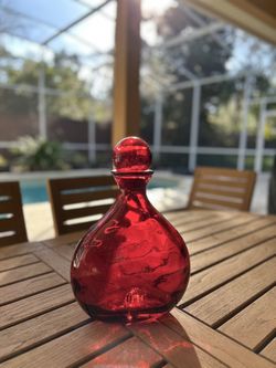 Kirkland’s Ruby Red Glass Bottle With Stopper 13” Tall