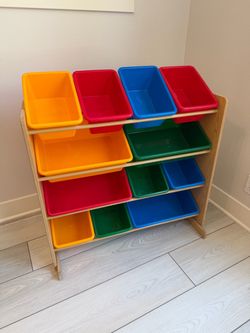 Toy Organizer Storage Shelf Bins Wooden Plastic Toys Playroom Humble Crew Kids