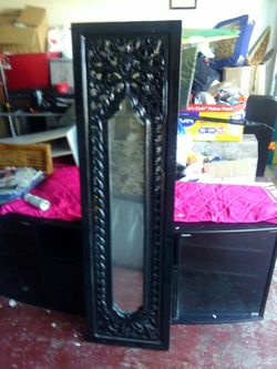 Heavy Black solid wood scroll mirror, can be hung on wall or leaned against wall