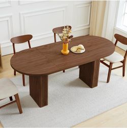 70.8 Inch Oval Dining Table for 4-6 People, Kitchen Table with Wood Strip Base, Modern Farmhouse Round Dining Room Tables for Kitchen Living Room (Wal