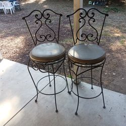 2 Rod Iron framed Bar Stools With Pleather Cushion