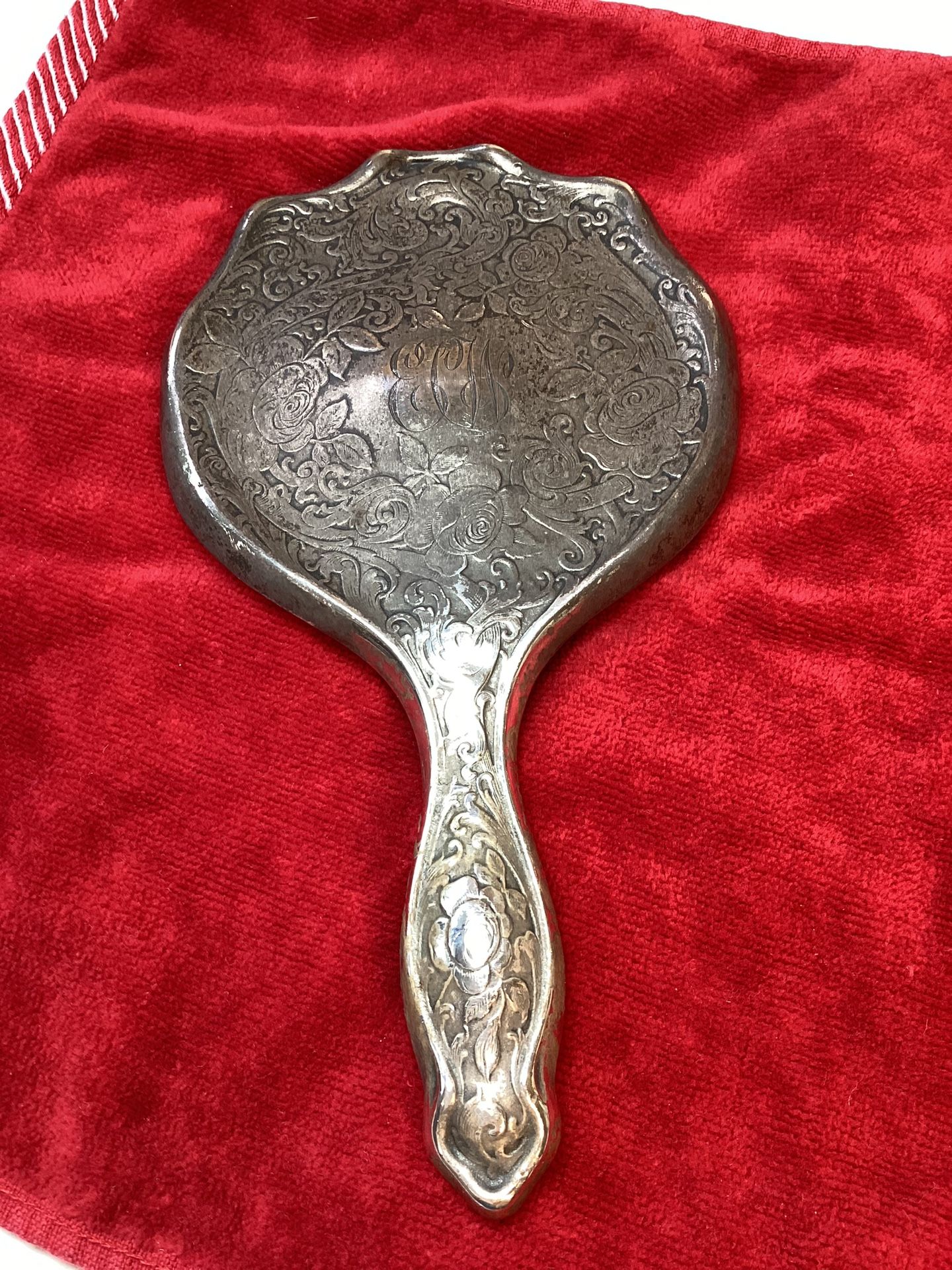 Antique Victorian Sterling Engraved/Embossed Hand Held Vanity Mirror