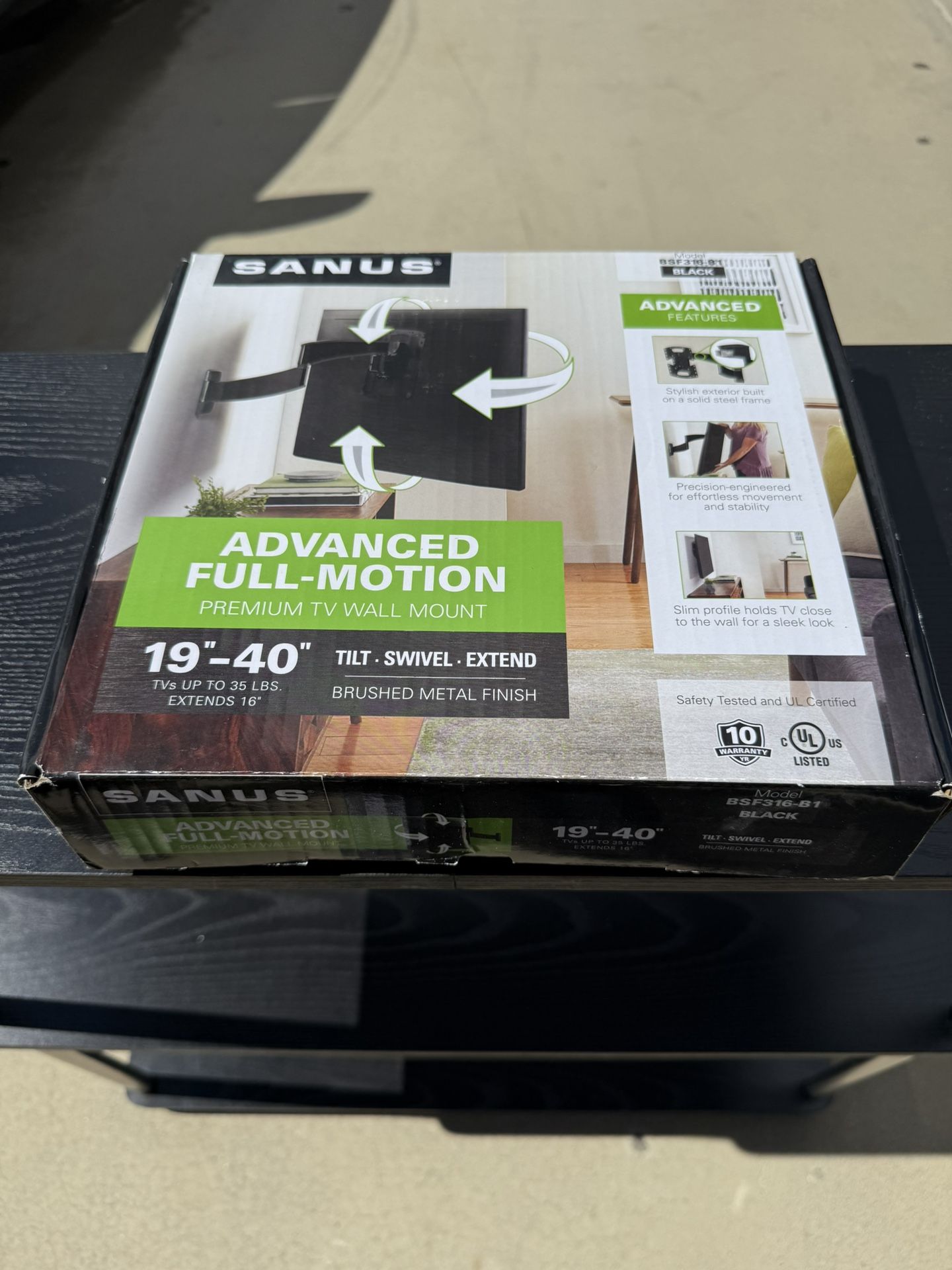 SANUS MODEL BSF316-B1 ADVANCED FULL MOTION TV WALL MOUNT 19”- 40”
