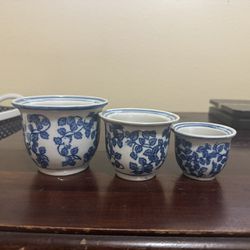 3 Small Nesting Vintage Blue & White Flower Planter Pots ~ 2”, 2.5”, & 3”