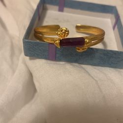 24k Gold Plated with Real Amethyst Cuff Bracelet 