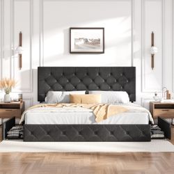 Upholstered Queen Size Platform Bed Frame with 4 Storage Drawers, Adjustable Headboard with Diamond Stitched Button Tufted Design, Wooden Slat Support