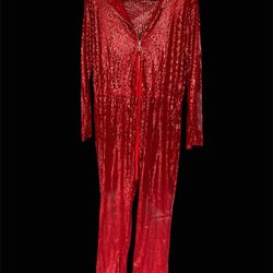 Red Sequin Velvet Long Sleeve Zip Jumpsuit, V-Neck, XL, Straight Leg, Party