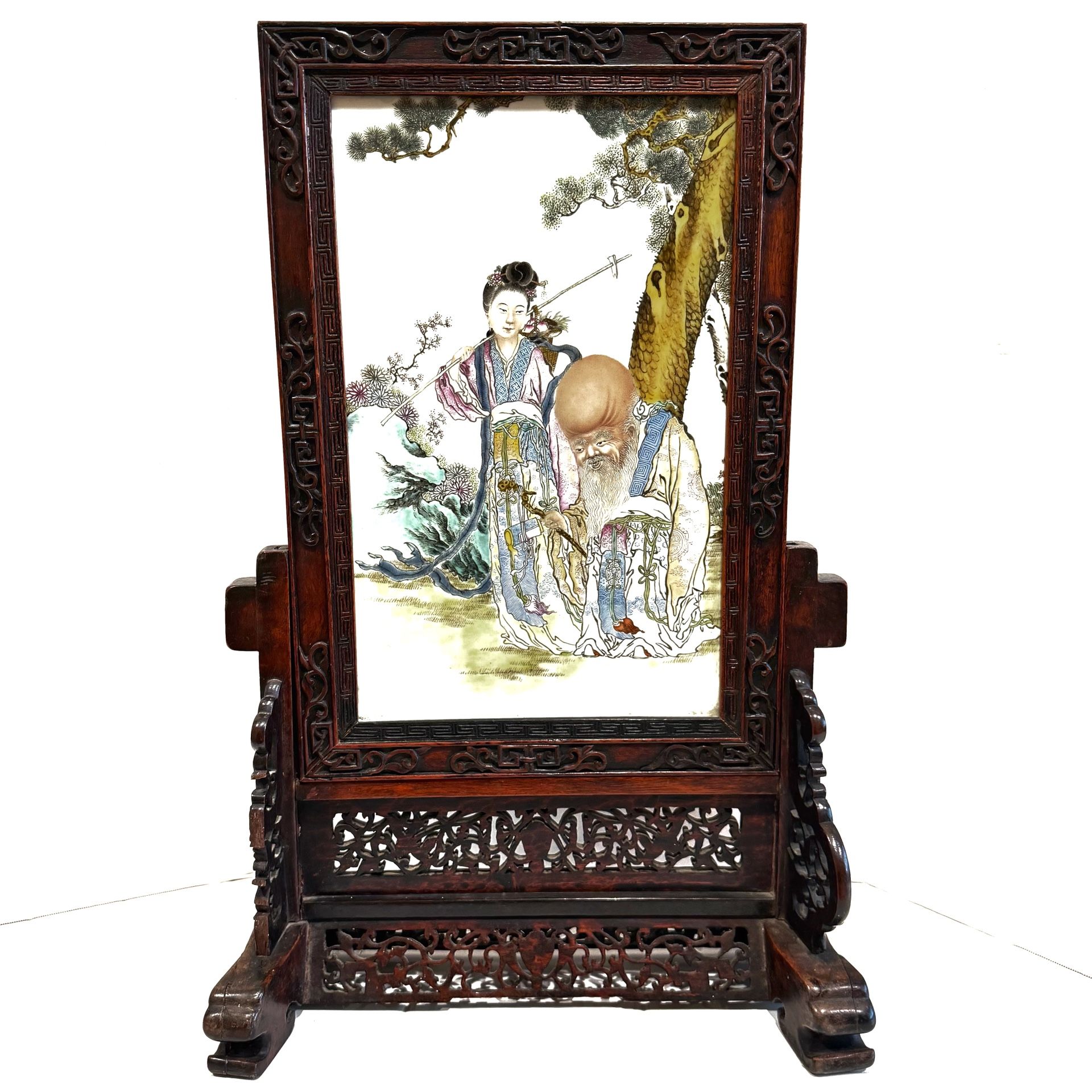 Chinese porcelain plaque mounted on a carved wooden table screen (2’ x 1’)