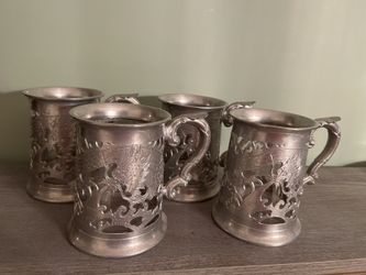 Detailed Pierced Pewter and Glass Dragon Stein Mugs By Yim Kee 5” Tall, Set of 4, $40 each 
