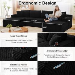 134 Inch Modular Sectional Sofa, Cloud Boneless Couch for Living Room Modern Corduroy Couch w/ Side Pockets & Cup Holders, Oversized 4 Seater Deep Sea