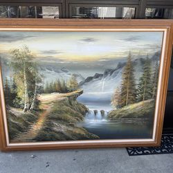 🎨 Original Oil Painting – Mountain Waterfall Landscape – Used