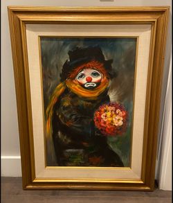 VINTAGE OZZ FRANCA CLOWN FRAMED OIL PAINTING ON CANVAS 