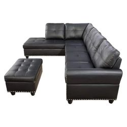 PU Faux Leather Sectional Sofa with Lift-top Storage Ottoman, for Living Room in Black Finish(new in box)