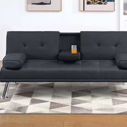 Brand New Black Leather Futon Sofa Sleeper 
