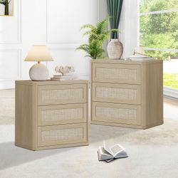 26.8" Extra Wide Rattan Night Stand Set of 2 with 3 Drawers Oversized Bedroom Nightstand, Large Bedside & End Table with Rounded Edges & Handle-Free D