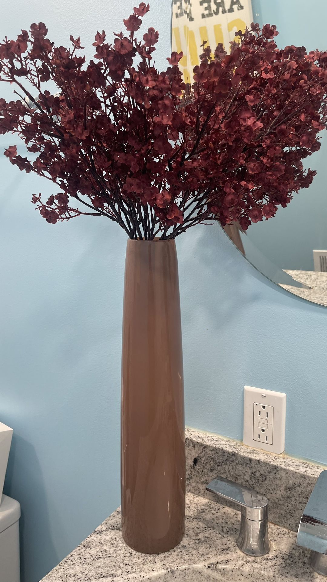 Tall Brown Vase with Artificial Flowers
