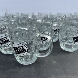 Set of 18 "Best Damn" branded glass beer mugs. Classic heavy-duty dimple design with large handles. 