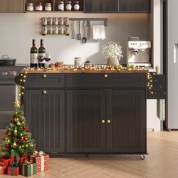 60.2"W Kitchen Island with Two Large Storage Cabinets And Drawers, Locking Wheels