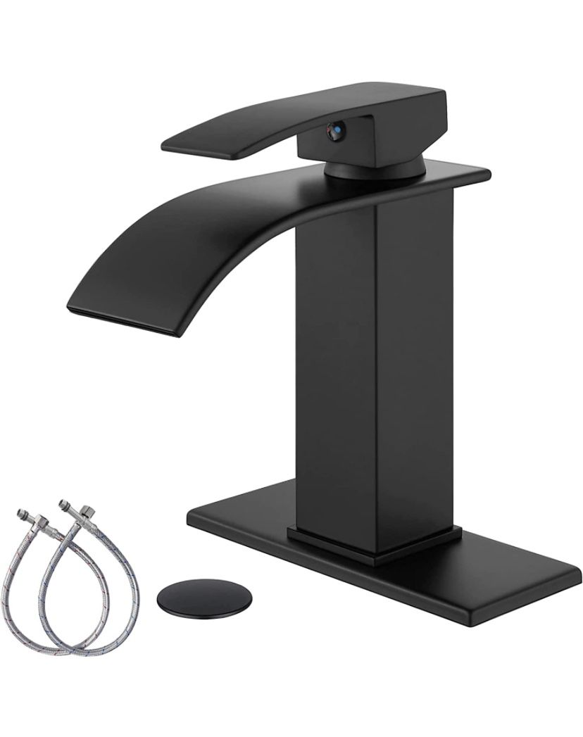 Matte Black Bathroom Sink Faucet Waterfall Spout Single Handle 1 Hole Deck Mount Mixer Tap Lavatory Vanity Sink Faucet Commercial with Deck Plate and 