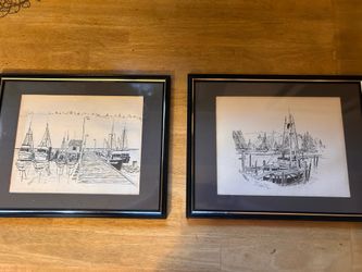 Framed Set of Boats/Gig Harbor Pen Drawing Prints