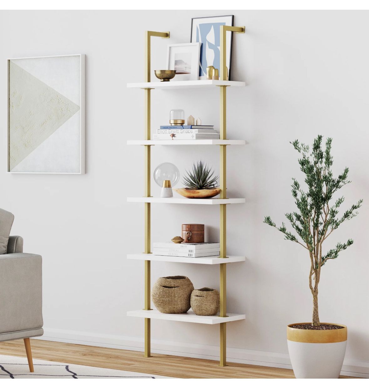 Nathan James 5-Shelf Ladder Bookshelf White Gold
