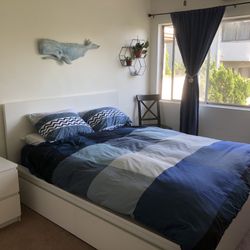 Full Bedroom Setup (full-sized bed frame with storage, mattress, shelves, drawers)