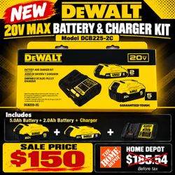 $150 New DEWALT 20V MAX Battery & Charger Kit