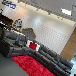 New Year Clearance Sale. Madrid Gray Leather Reclining Sectional Now Only $1299. Easy Finance Option. Same-Day Delivery.