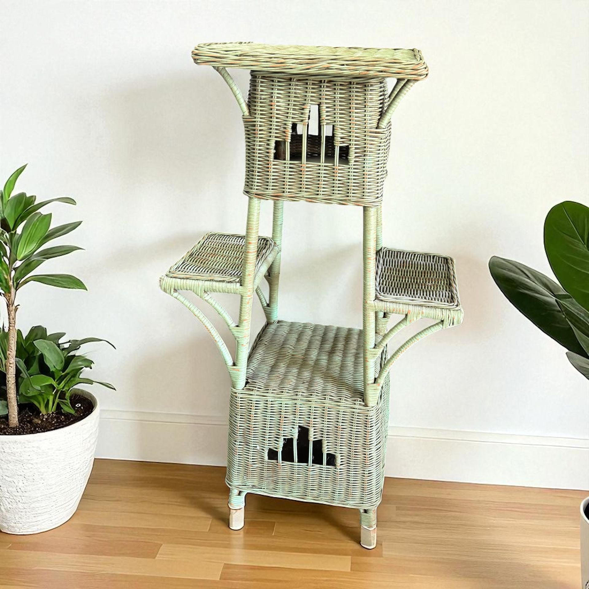 XL Vintage Green Wicker Plant Stand 