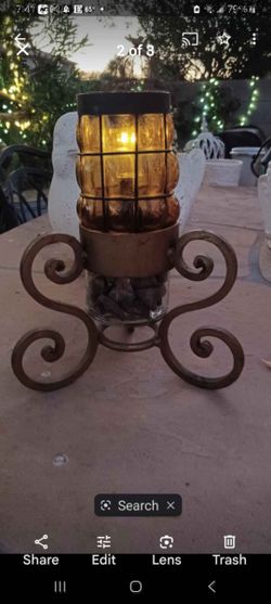 $18 Vintage Gold Glass Lantern Solar Light On A Rod Iron Stand 