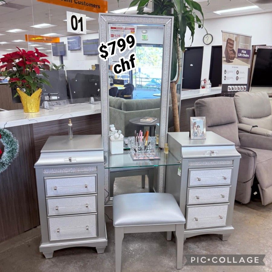 Glam LED On Mirror Vanity Set With Stool 