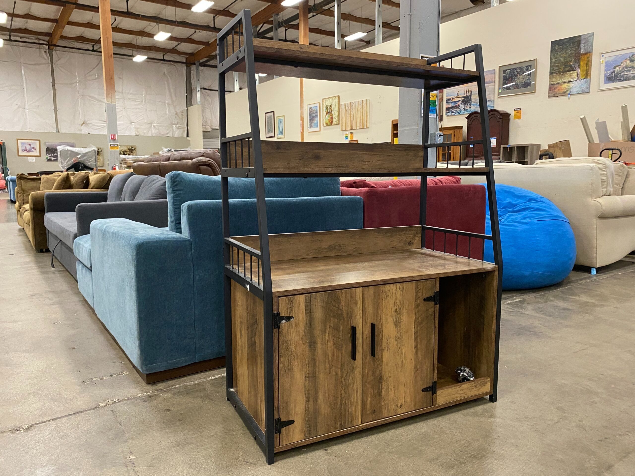 Rustic Shelf Bookcase with Black Metal Frame and Lower Cabinet