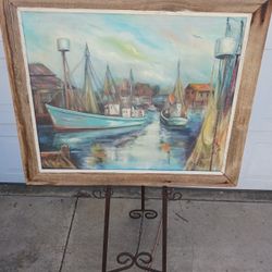 Vintage Framed European Ships Boats Port Harbor Oil On Canvas Signed Kissling