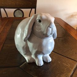 Ceramic Bunny Figurine: White Rabbit With Black Eyes 7” Tall