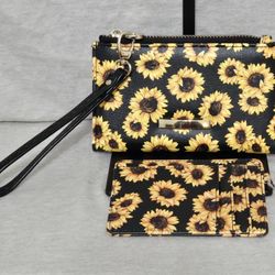 NWOT No Boundaries Women's Snap Wristlet & Matching Card Wallet, Sunflower Black