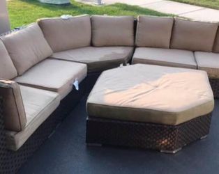 5-Seat Outdoor Rattan Sectional Set w/ Sunbrella Cushions + Storage Box- $400