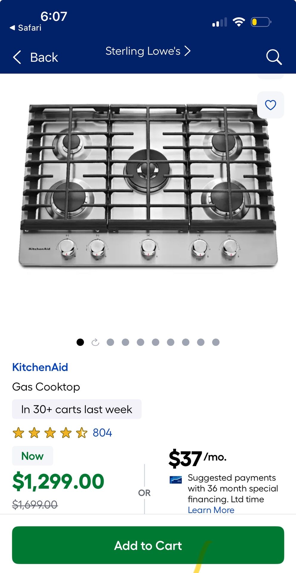 *Brand New* KitchenAid 30 inch gas cooktop, part# KCGS550ESS