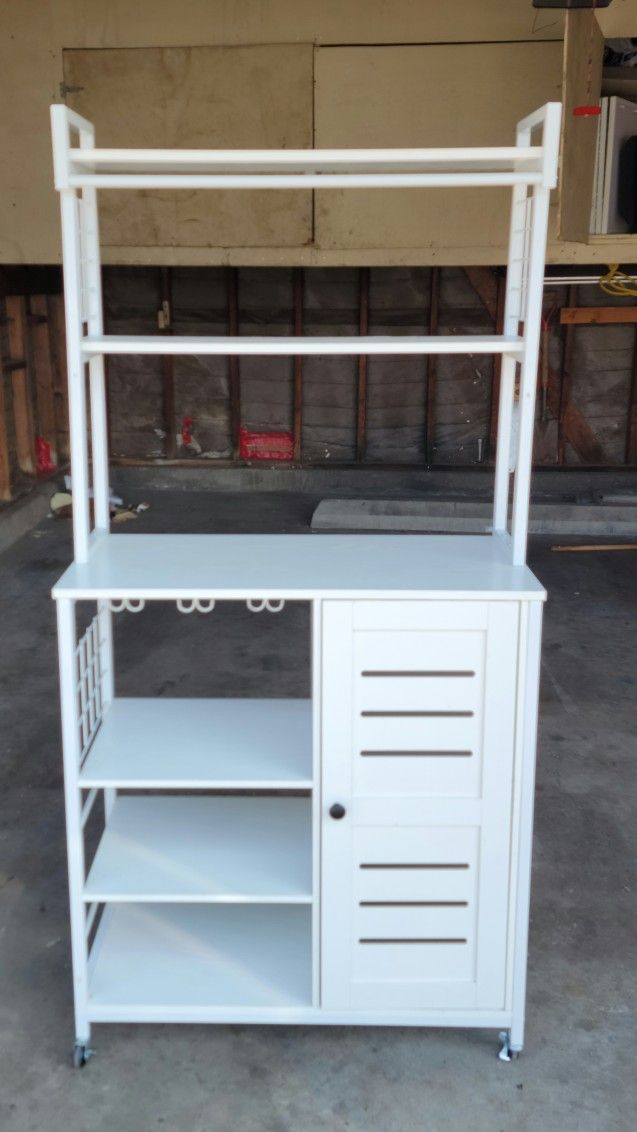 Bakers Rack, Microwave Stand with Power Outlets, Kitchen Storage with Wheels & Feet, Coffee Station with Cabinets and 10 S-Hooks, White
