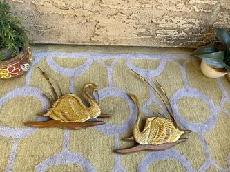 Vintage Brass Swans With Wooden 