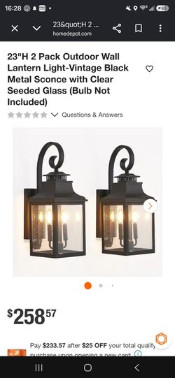 23"H 2 Pack Outdoor Wall Lantern Light-Vintage Black Metal Sconce with Clear Seeded Glass (Bulb Not Included)