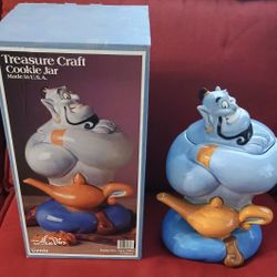 12" Tall Cookie Jar Disney Vintage Aladdin Genie Cookie Jar Rare with original box by Treasure Craft 1994 USA. See our other great vintage art antique