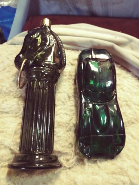 Vintage Avon Pony Post Decanter Tribute Bottle And Avon Jaguar Car Decanter Green Glass Bottle