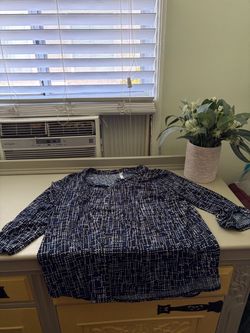 Womens Navy Patterned Long-Sleeve Blouse
