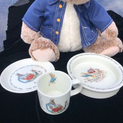 Vintage Wedgwood & Barlaston of Etruria Bowl, Peter Rabbit Plate and Cup as Well as Plush Peter Rabbit Toy. Beatrix Potter. Made in England.